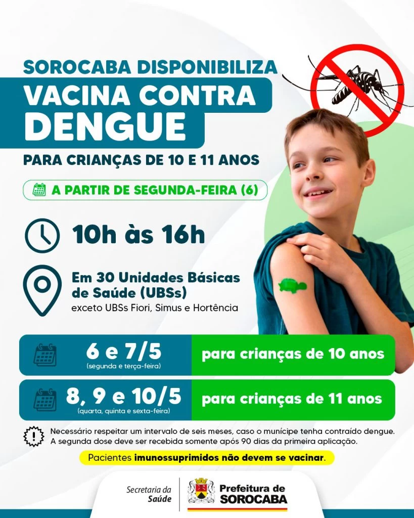 Sorocaba disponibiliza vacina contra dengue para crianças de 10 e 11 anos a partir de segunda-feira (6)