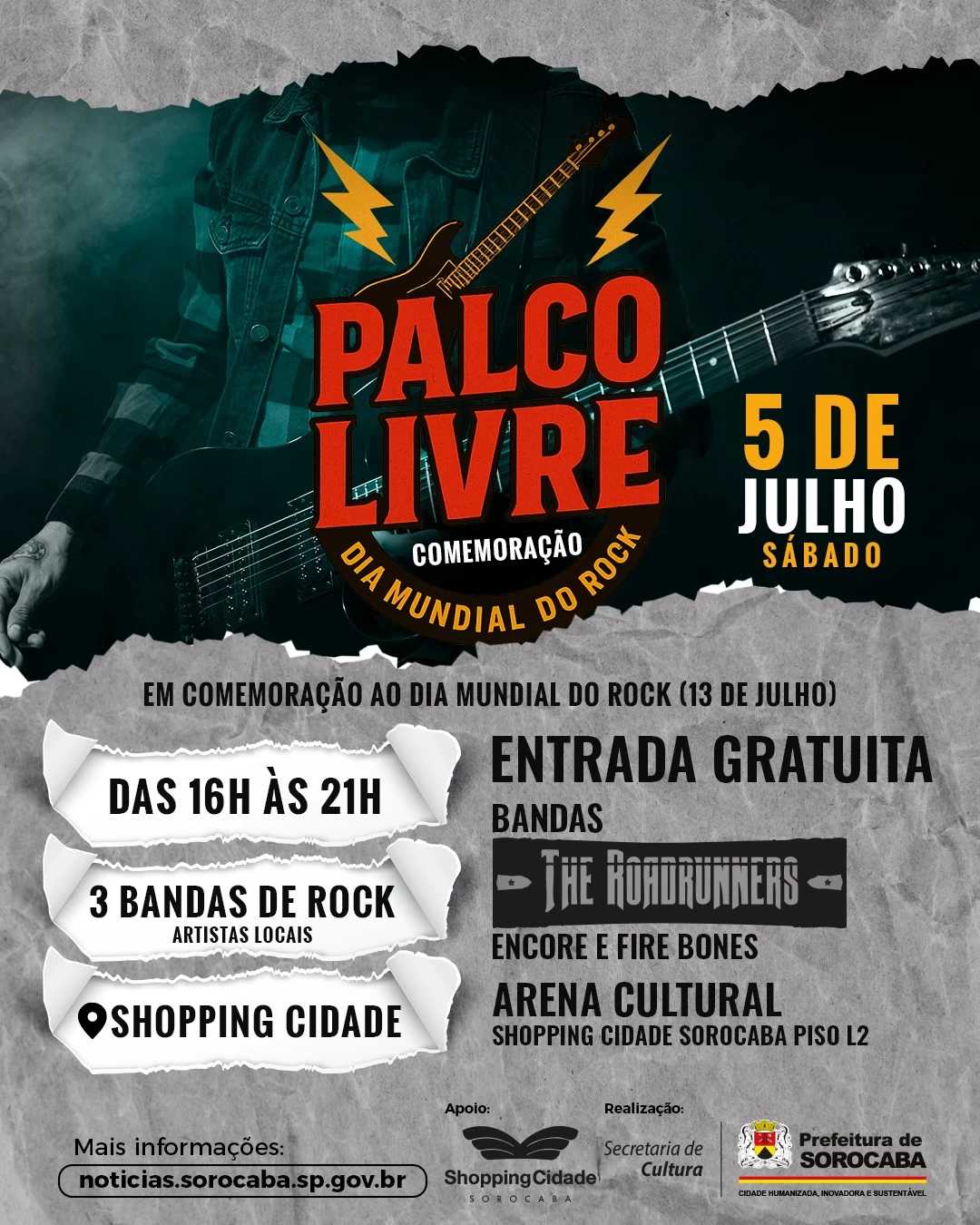 “Palco Livre – Dia Mundial do Rock” acontece no Shopping Cidade Sorocaba no dia 5 de julho