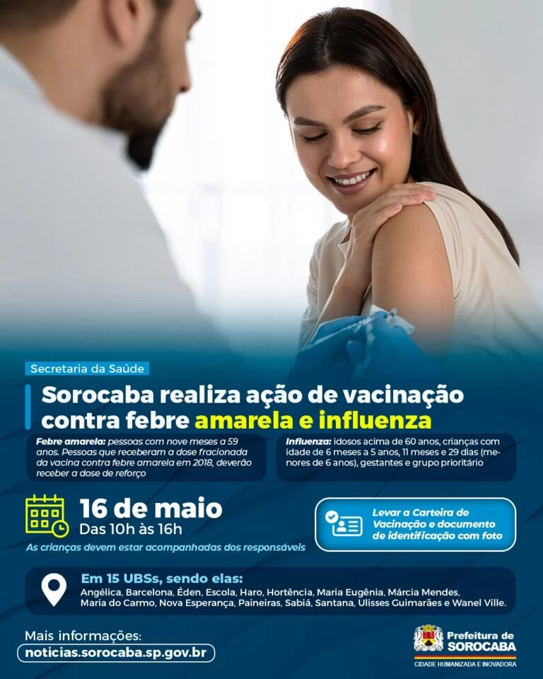 Sorocaba realiza ação de vacinação contra febre amarela e influenza neste sábado (16) em 15 UBSs