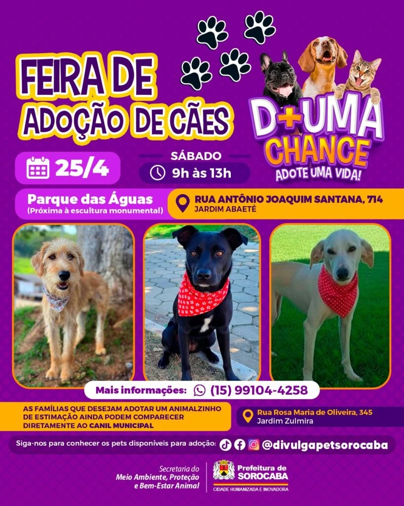 Parque das Águas recebe a feira de adoção de cães do Canil Municipal neste sábado (25)
