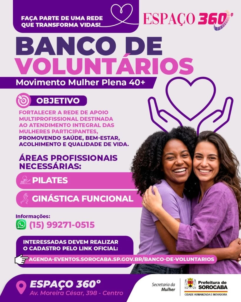 Prefeitura de Sorocaba cadastra voluntários para atuar como instrutores de pilates e ginástica funcional no programa Movimento Mulher Plena 40+