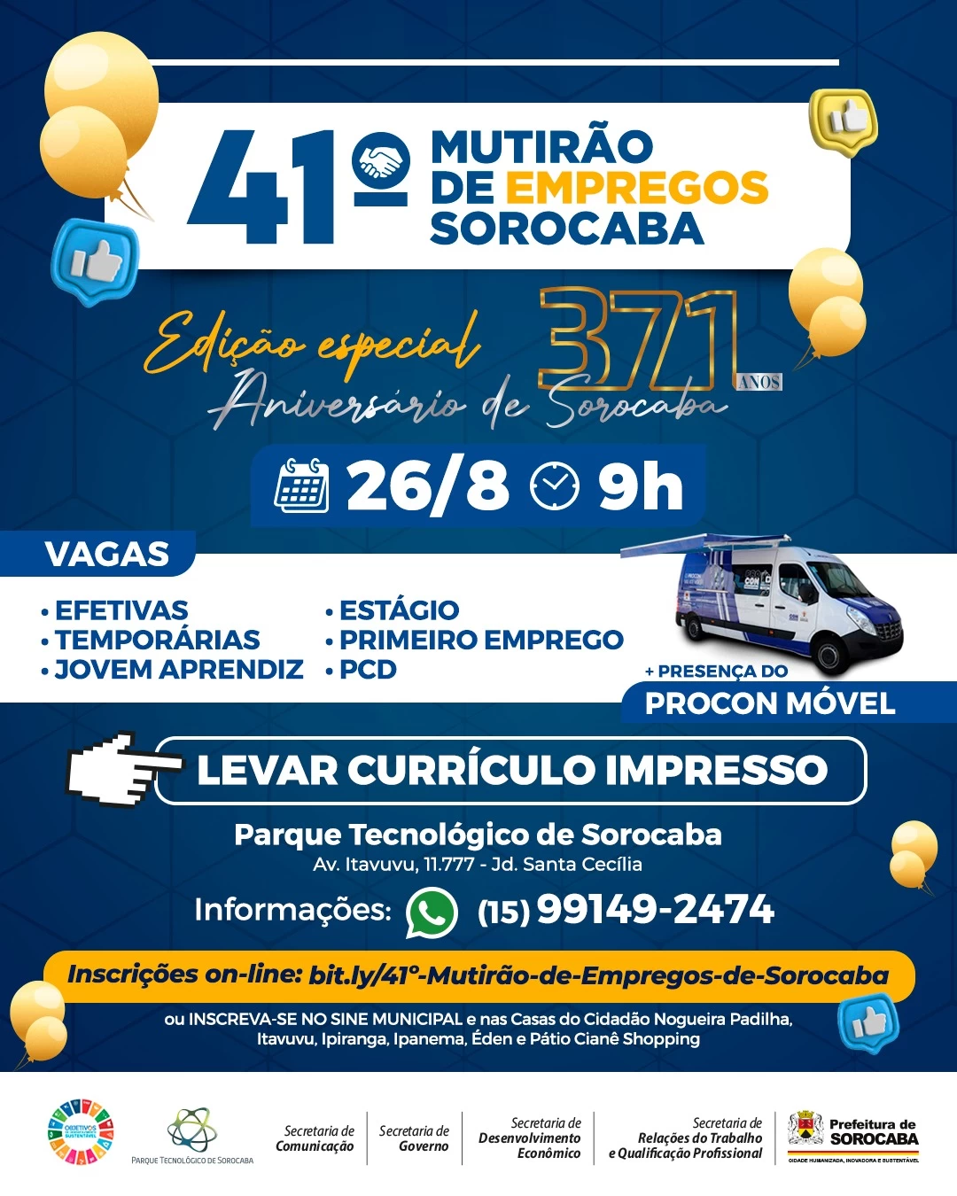 Prefeitura realiza o 41º Mutirão de Empregos Sorocaba edição especial “Aniversário de Sorocaba” no dia 26 de agosto