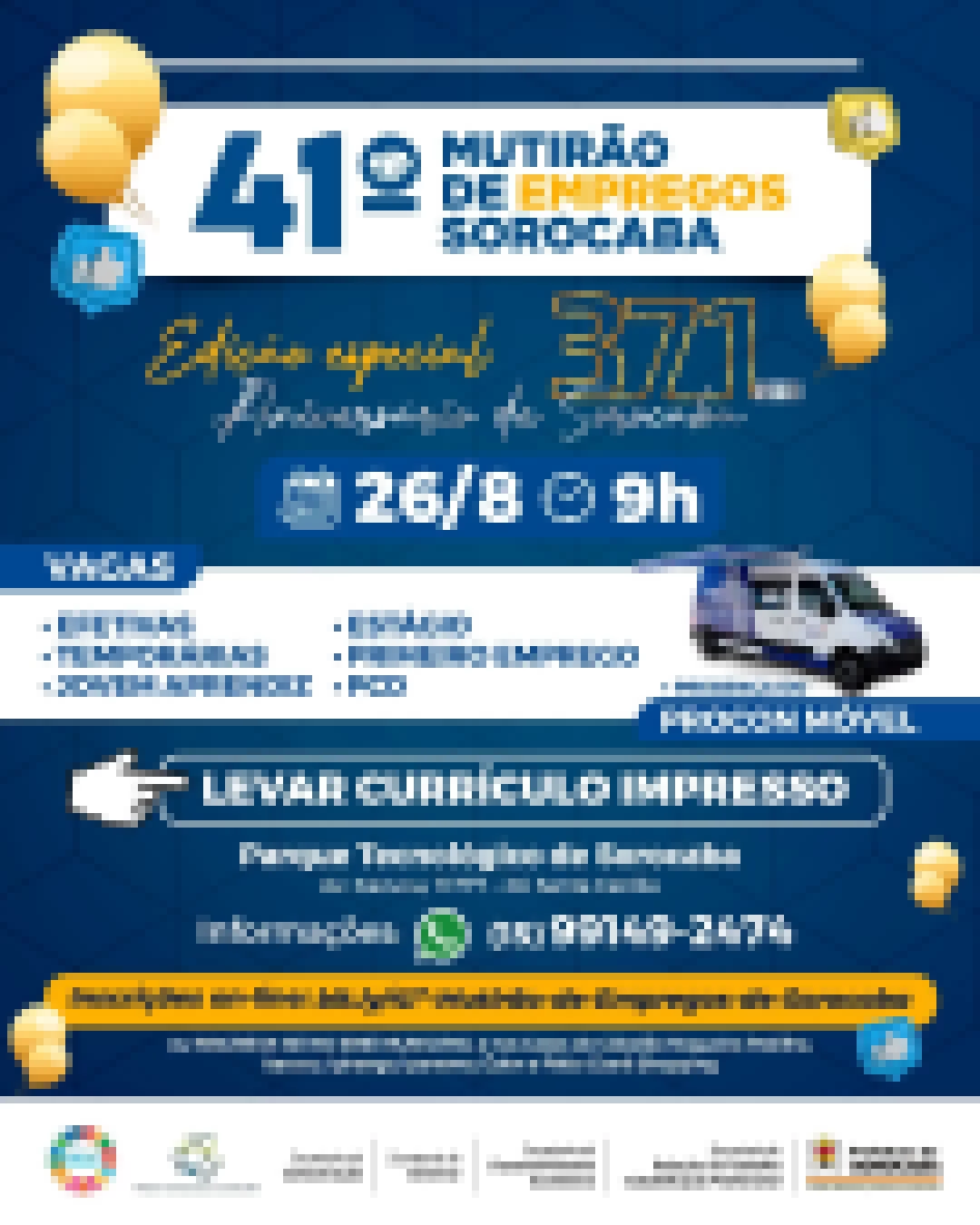 Prefeitura realiza o 41º Mutirão de Empregos Sorocaba edição especial “Aniversário de Sorocaba” no dia 26 de agosto