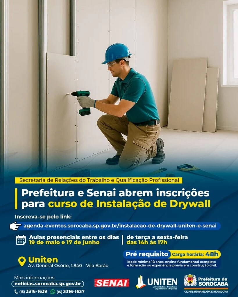 Prefeitura e Senai abrem inscrições para curso de Instalação de Drywall