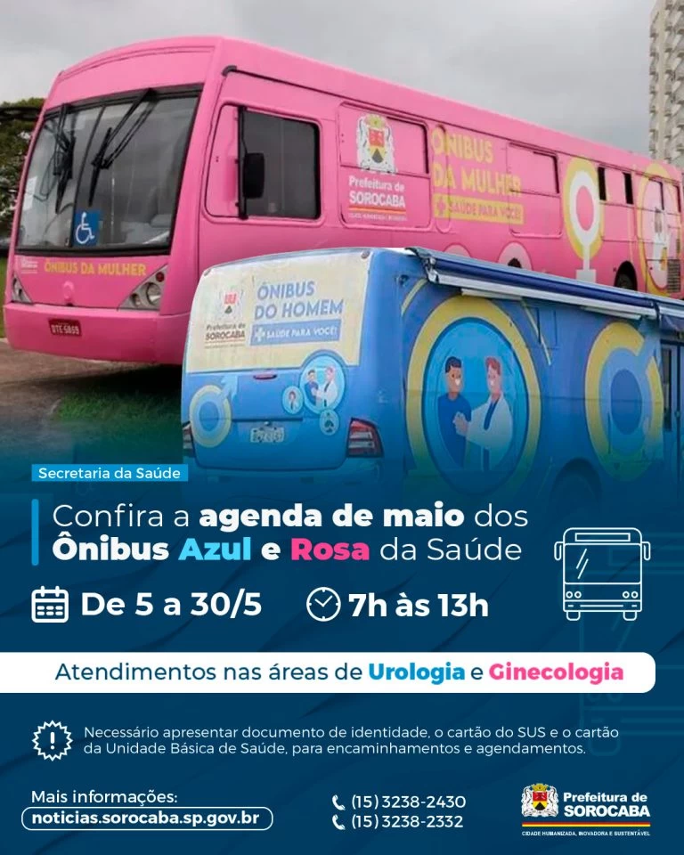 Prefeitura de Sorocaba divulga agenda de maio dos Ônibus Azul e Rosa da Saúde.
