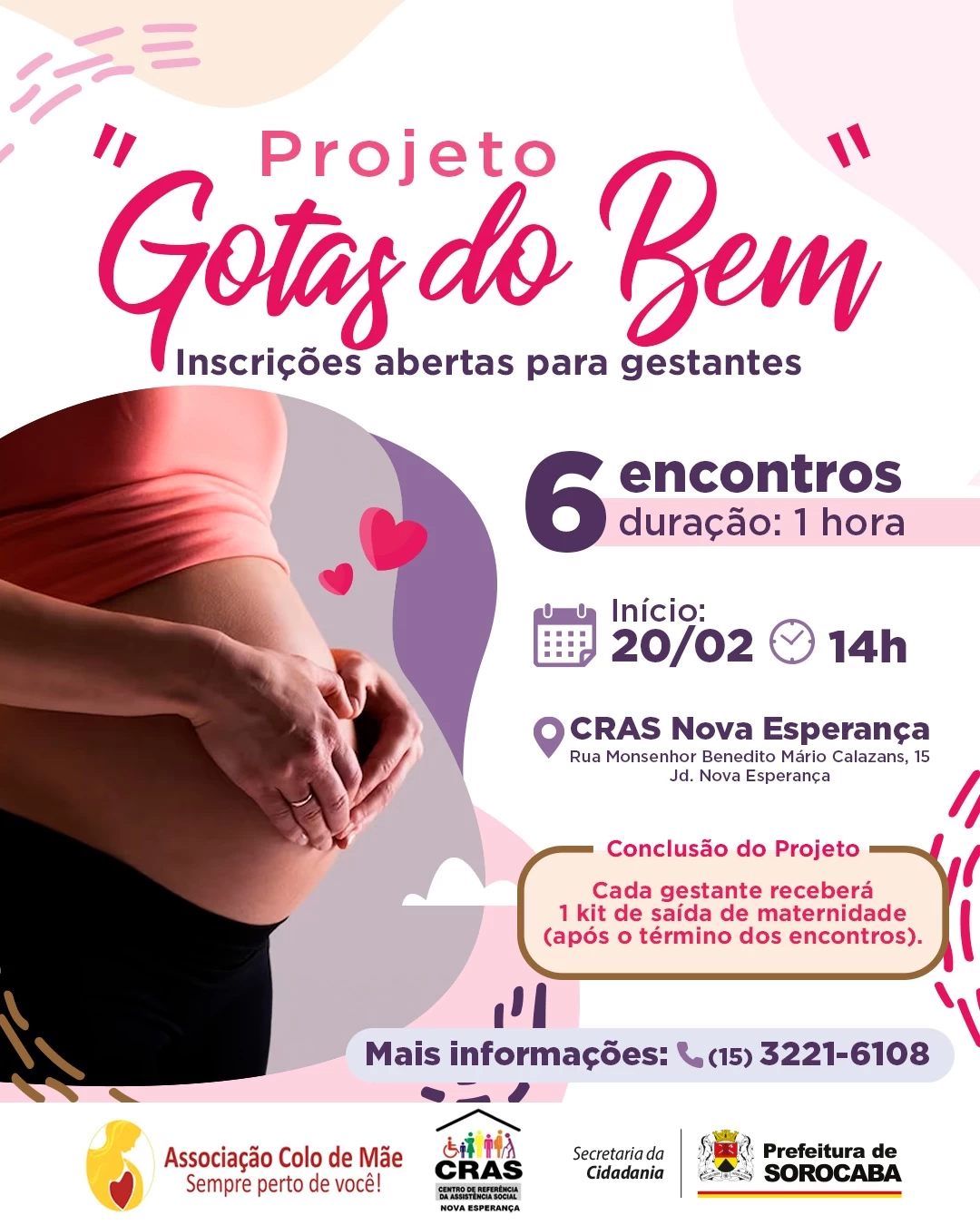 CRAS Nova Esperança está com inscrições abertas para gestantes atendidas na unidade participarem do Projeto Gotas do Bem