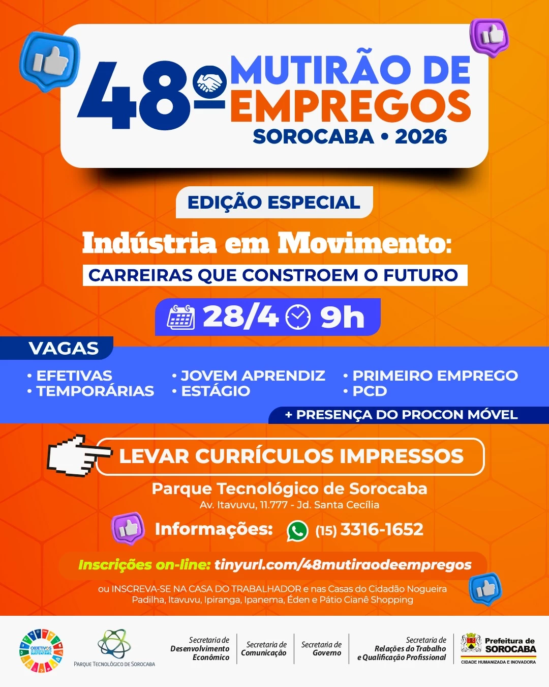 Prefeitura realiza o 48º Mutirão de Empregos Sorocaba edição especial “Indústria em Movimento: Carreiras que Constroem o Futuro” no dia 28 de abril