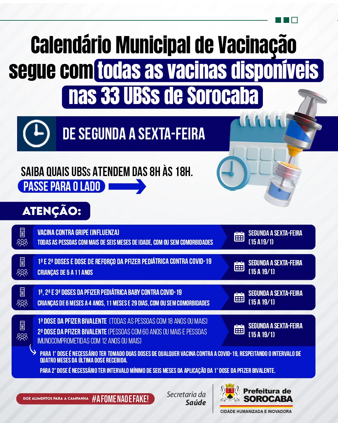 Calendário Municipal de Vacinação segue com todas as vacinas disponíveis e horário estendido de atendimento (15 a 19/1)