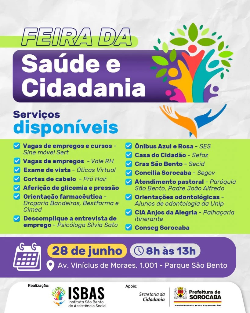 Feira da Saúde e Cidadania acontece neste sábado (28) no Parque São Bento com vários serviços gratuitos disponíveis à população