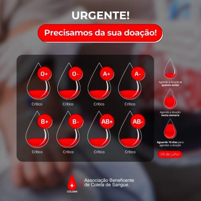Colsan intensifica convocação de doadores devido a estoque crítico de sangue