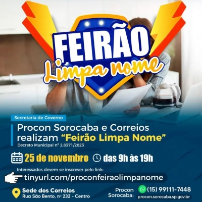 Procon Sorocaba e Correios realizam “Feirão Limpa Nome” em 25 de novembro