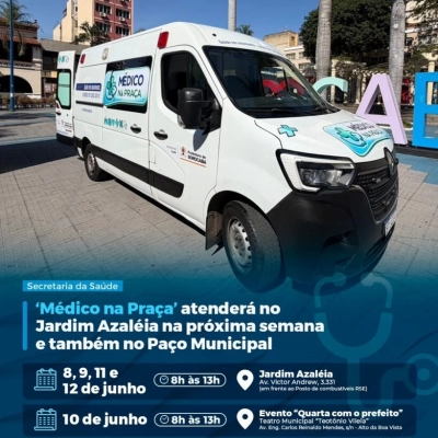 ‘Médico na Praça’ atenderá no Jardim Azaléia na próxima semana e também no Paço Municipal (somente na quarta, dia 10) no programa ‘Quarta com o prefeito’