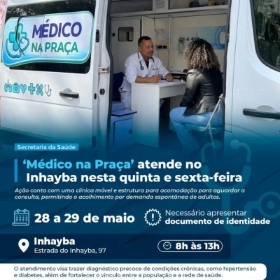 ‘Médico na Praça’ atende no Inhayba nesta quinta e sexta-feira (28 e 29 de maio)