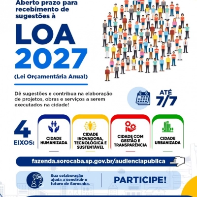 Prefeitura de Sorocaba recebe sugestões on-line da população para a LOA 2027 a partir de 1º de junho