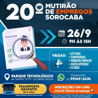 Prefeitura abre nesta quarta-feira (13) as inscrições para o 20º “Mutirão de Empregos Sorocaba”
