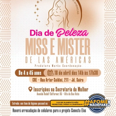 Secretaria da Mulher abre inscrições para o Dia de Beleza para os candidatos de Miss e Mister de Las Américas em 18 de abril