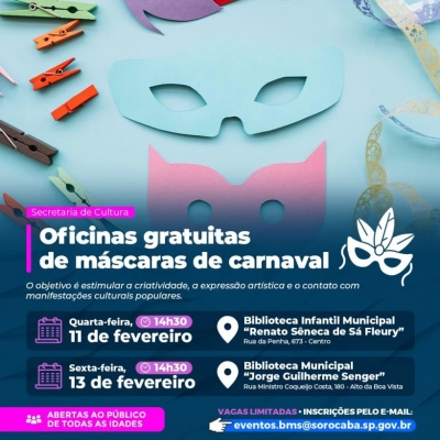 Bibliotecas Municipais oferecem oficinas gratuitas de máscaras de carnaval na próxima semana