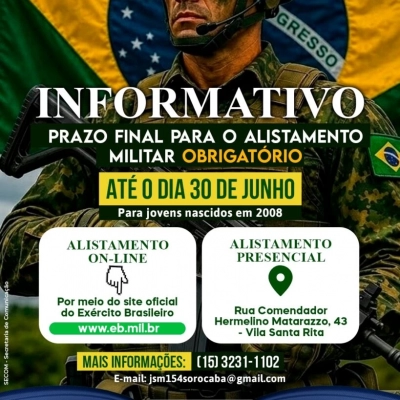 Prefeitura de Sorocaba alerta os jovens sobre o prazo final para o alistamento militar obrigatório até 30 de junho