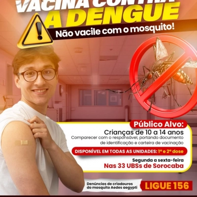 Vacinação contra dengue para o público de 10 a 14 anos segue disponível nas 33 UBSs