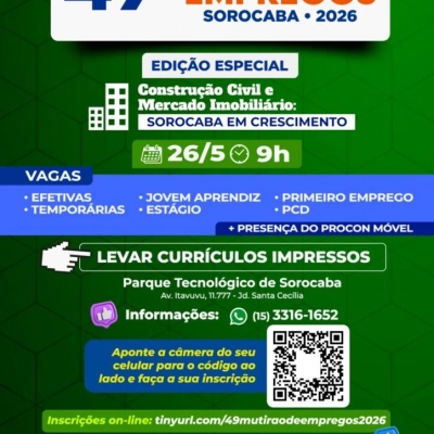 Com foco na Construção Civil e no Mercado Imobiliário, Prefeitura organiza 49.º Mutirão de Empregos no dia 26 de maio