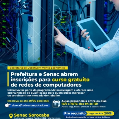 Prefeitura e Senac abrem inscrições para curso gratuito de redes de computadores