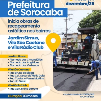 Prefeitura de Sorocaba inicia recape de vias no Jd. Simus, Vila São Caetano e Vila Rádio Club