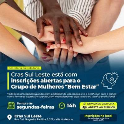 Cras Sul Leste está com inscrições abertas para o Grupo de Mulheres “Bem Estar”