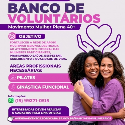Prefeitura de Sorocaba cadastra voluntários para atuar como instrutores de pilates e ginástica funcional no programa Movimento Mulher Plena 40+