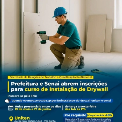 Prefeitura e Senai abrem inscrições para curso de Instalação de Drywall
